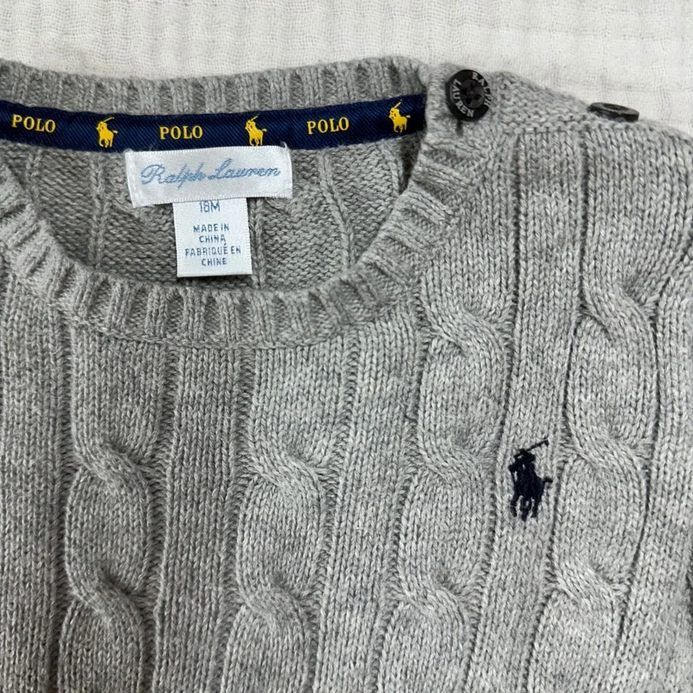 Toddler Boys Polo Ralph Lauren Gray Cable Knit Crewneck Sweater 18 Months